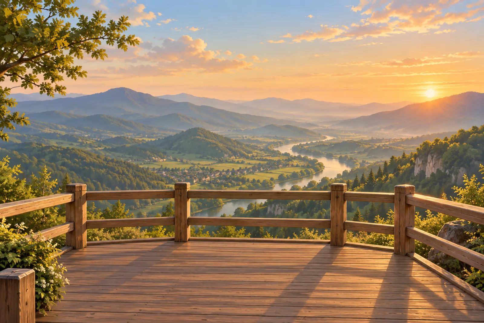 Illustration of a wooden mountain lookout with a sturdy railing at golden hour, overlooking a green valley and a winding river.