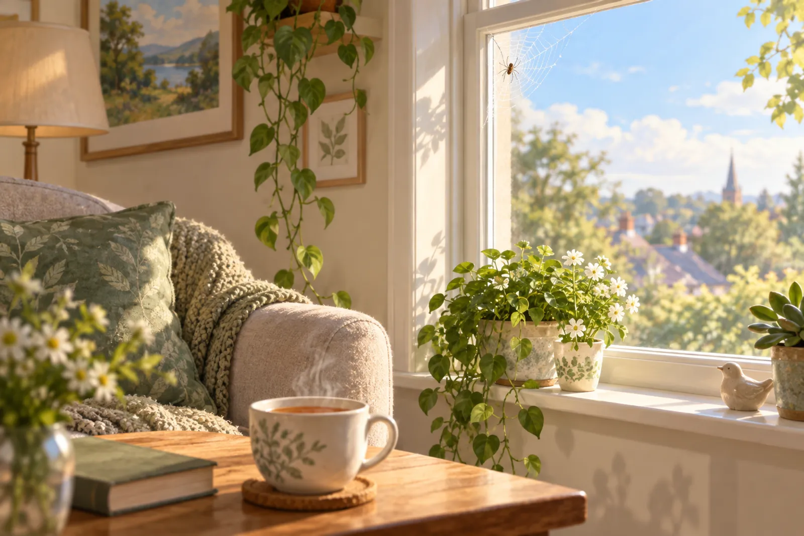 Illustration of a small house spider on a web in the corner of a sunny window, seen from across a calm living room.