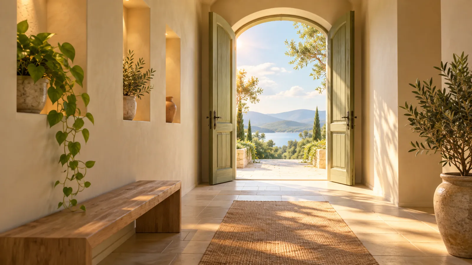 Illustration of a softly lit corridor opening onto a wide, bright doorway with open sky beyond.