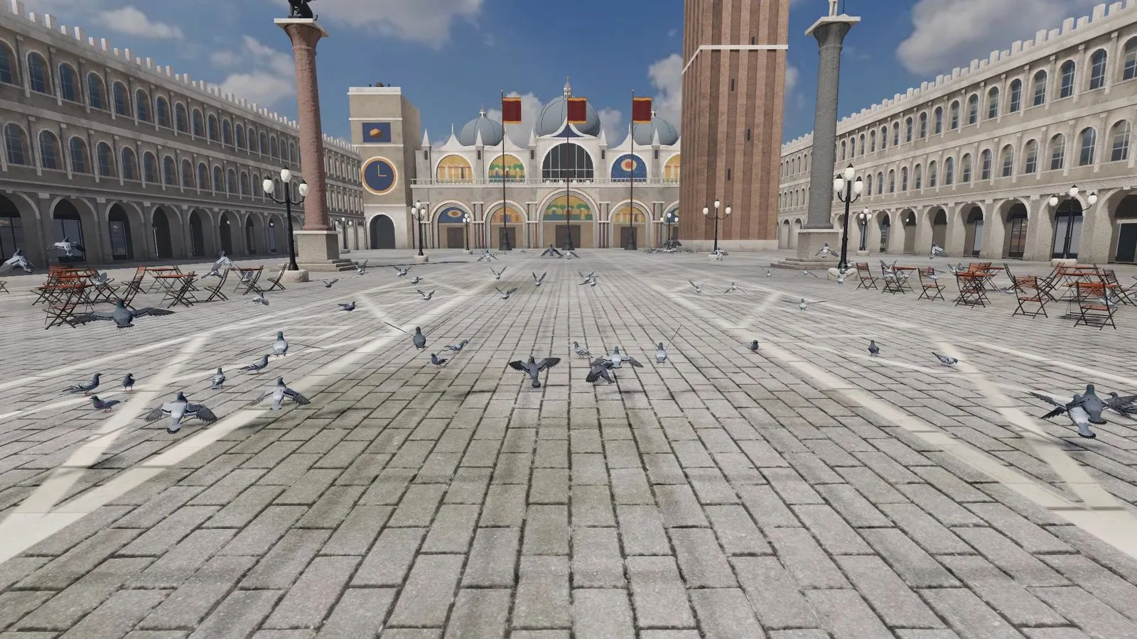 First-person view of a great Venetian-style square in VR Phobia: Birds, with dozens of pigeons on the paving stones.