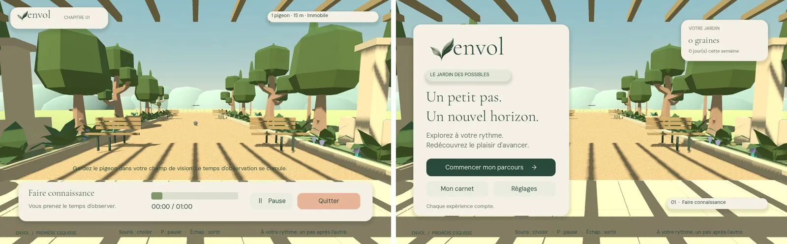 The September 15 "Envol" prototype: a low-poly garden and flat menus