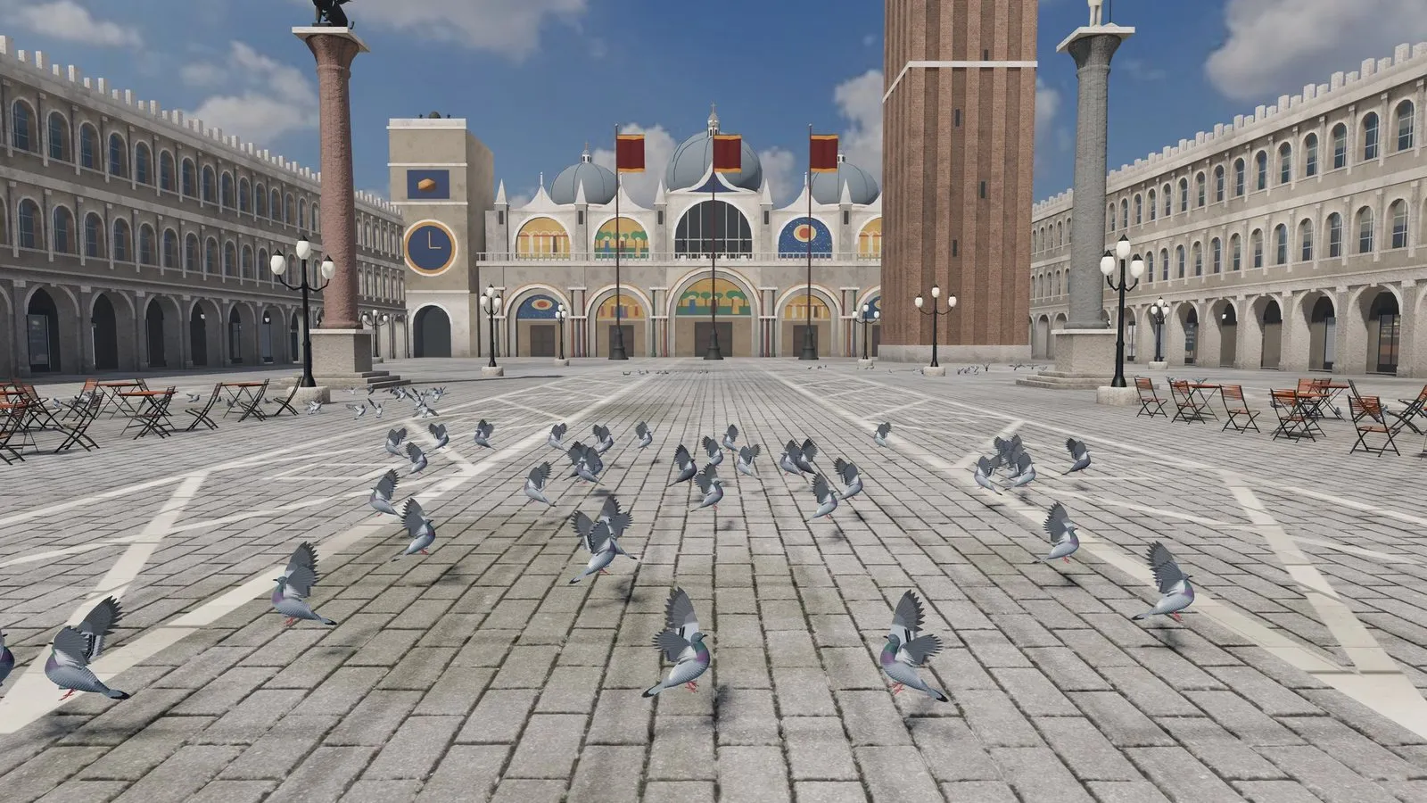 Pigeons lifting off across the great square