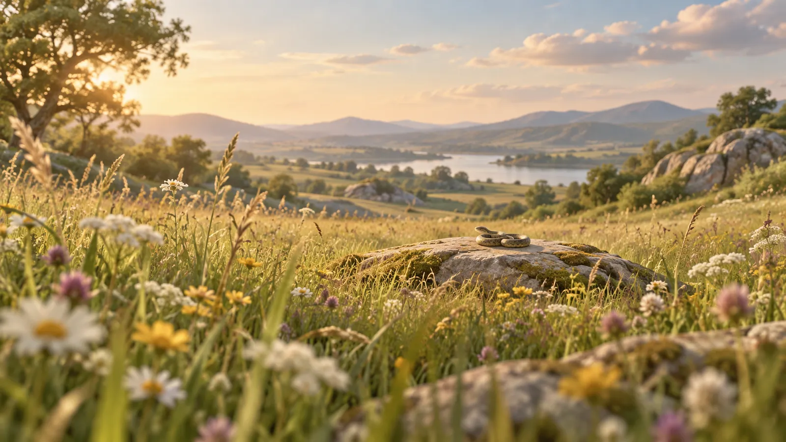 Illustration of a sunny meadow with wildflowers, a small calm snake resting far away on a warm rock.