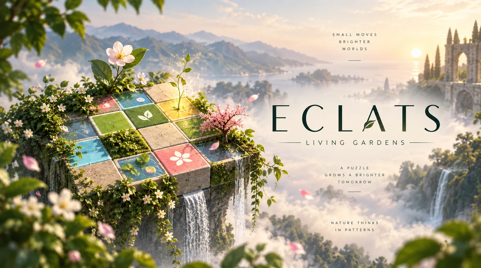 Eclats key art: a floating garden of coloured tiles with waterfalls, beside the title “Eclats, living gardens”.