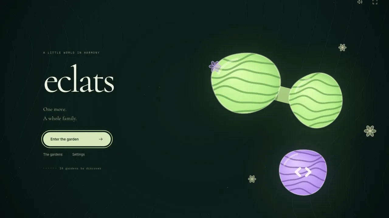 The Eclats title screen with two striped green cells and a violet one.