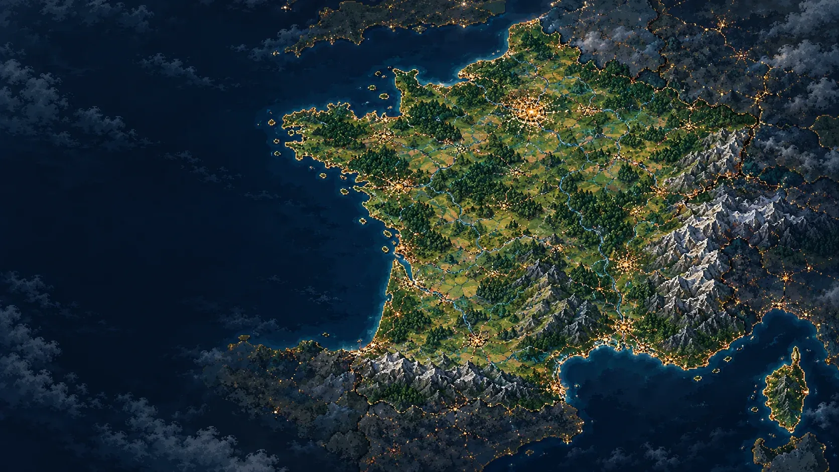France Simulator key art: the Élysée palace above Paris, budget books, a Marianne bust and a map of France on a desk, under the France Simulator logo.