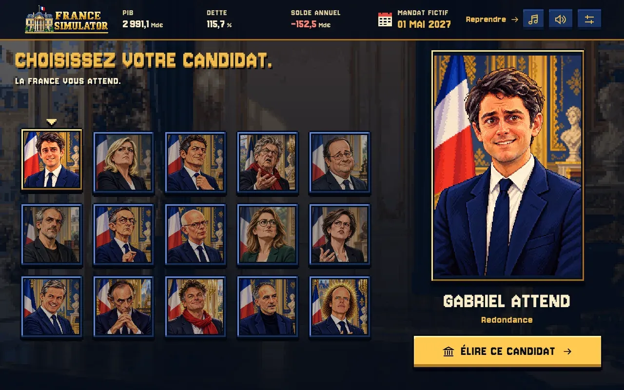 The candidate selection screen with parody politicians.