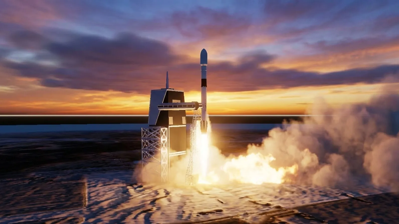 The rocket clearing the tower at sunset.