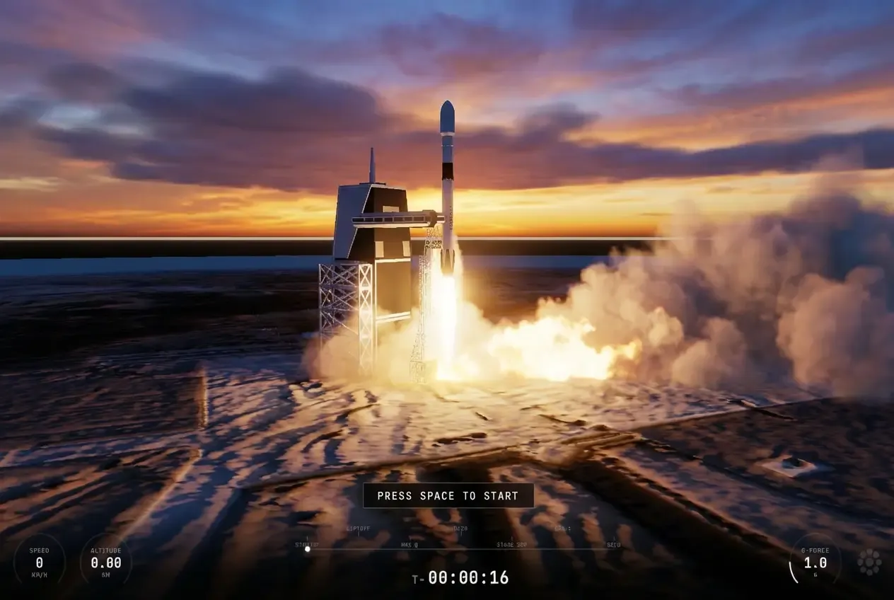 Liftoff with the telemetry HUD and mission clock.