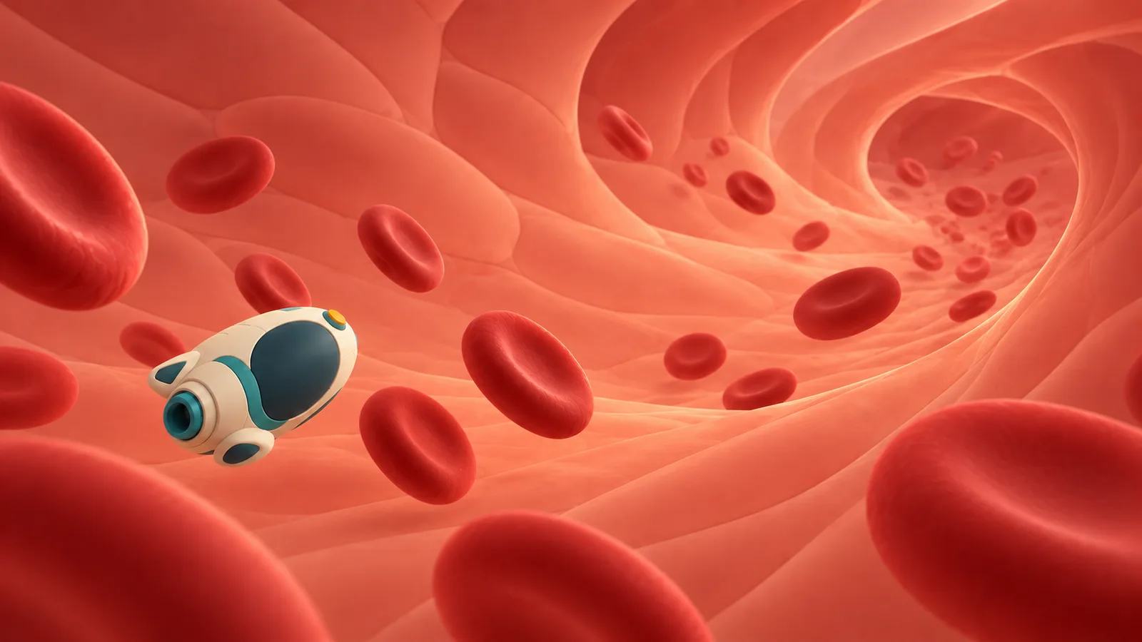 Nano Doctor concept art: a small white-and-teal capsule gliding through a blood vessel among red blood cells.