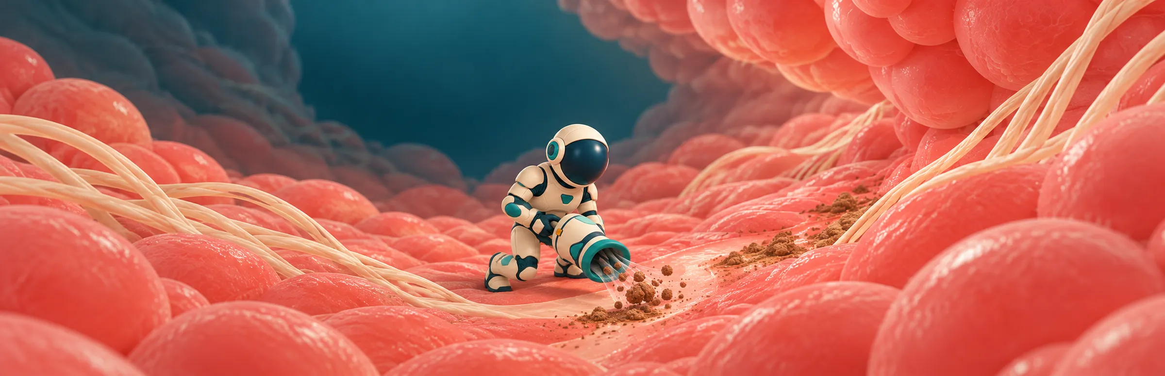 Nano Doctor concept art: a small white-and-teal capsule gliding through a blood vessel among red blood cells.