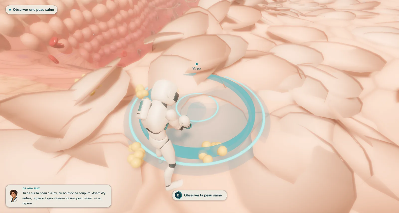 Prototype capture: the avatar observes healthy skin cells before intervening.