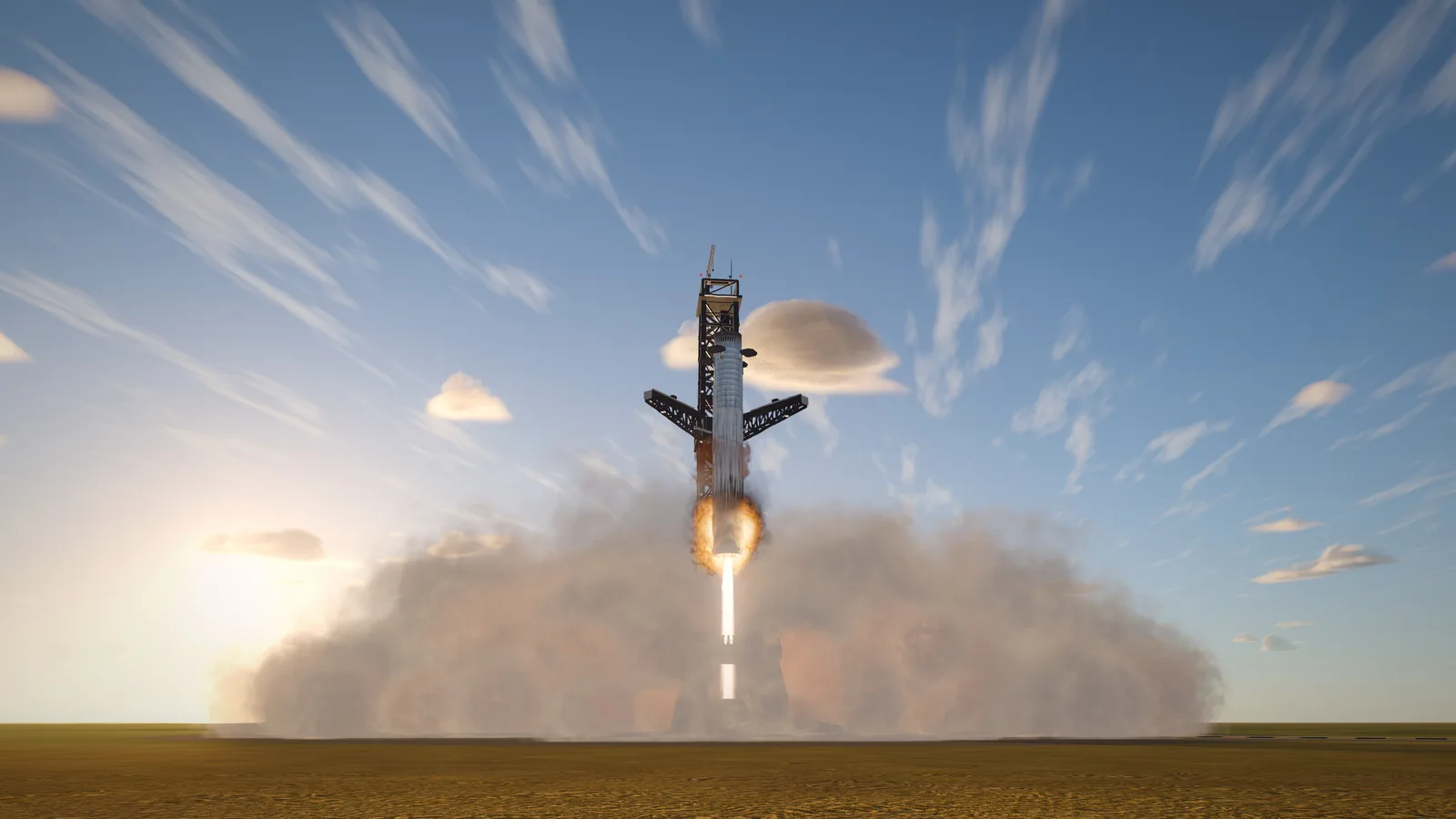 A returning booster approaching the launch tower for a catch.