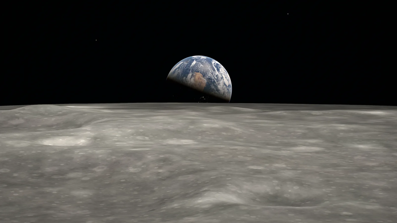 Earth rising over the lunar horizon in SpaceSim: Pale Blue Dot