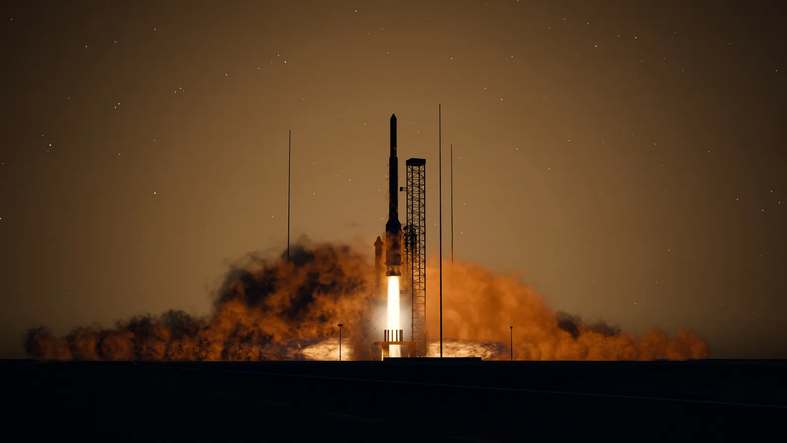 A rocket lifting off beside the launch tower, its exhaust illuminating the pad.