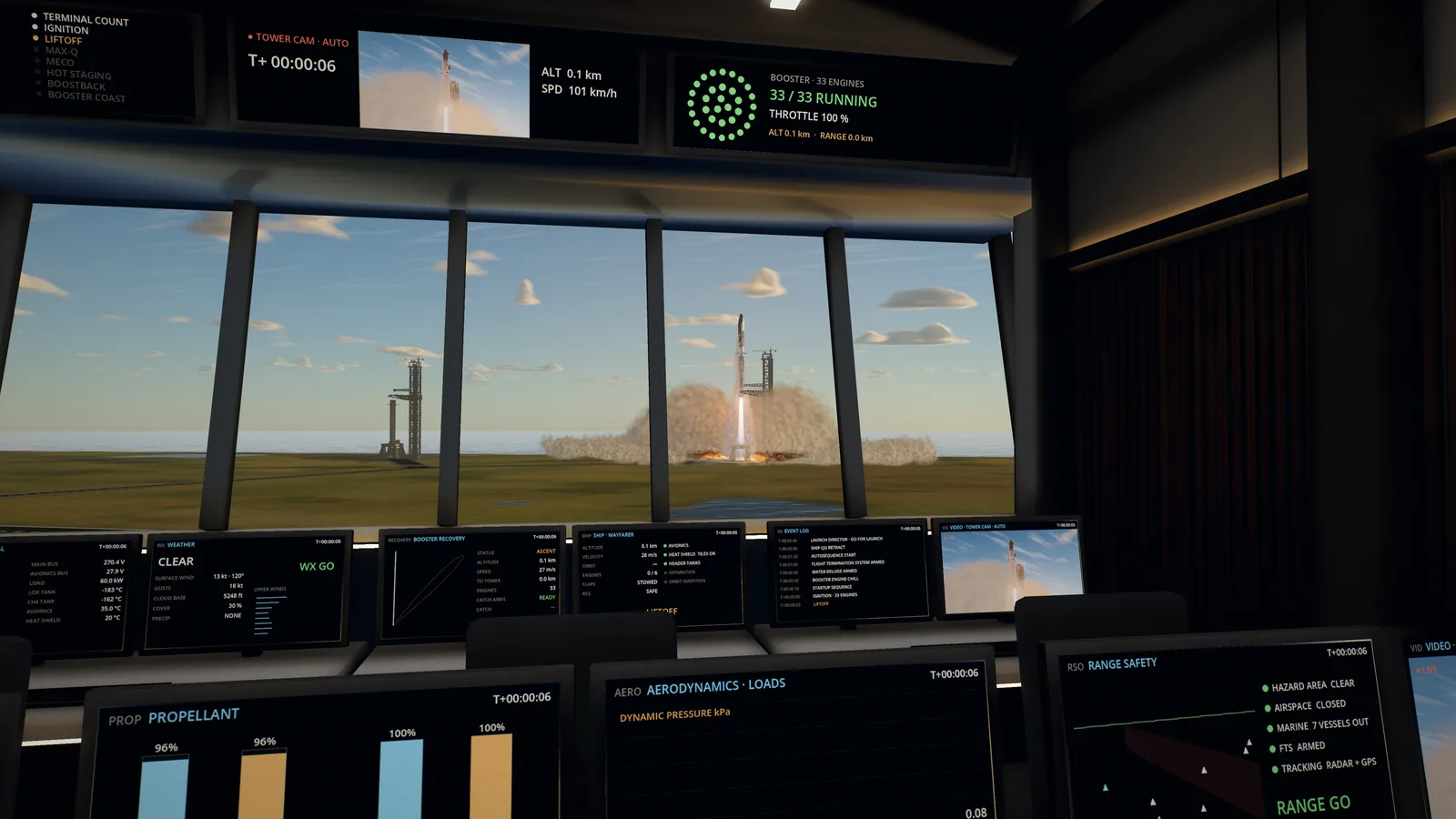 Mission Control during a launch: consoles in the foreground, the rocket climbing beyond the windows.