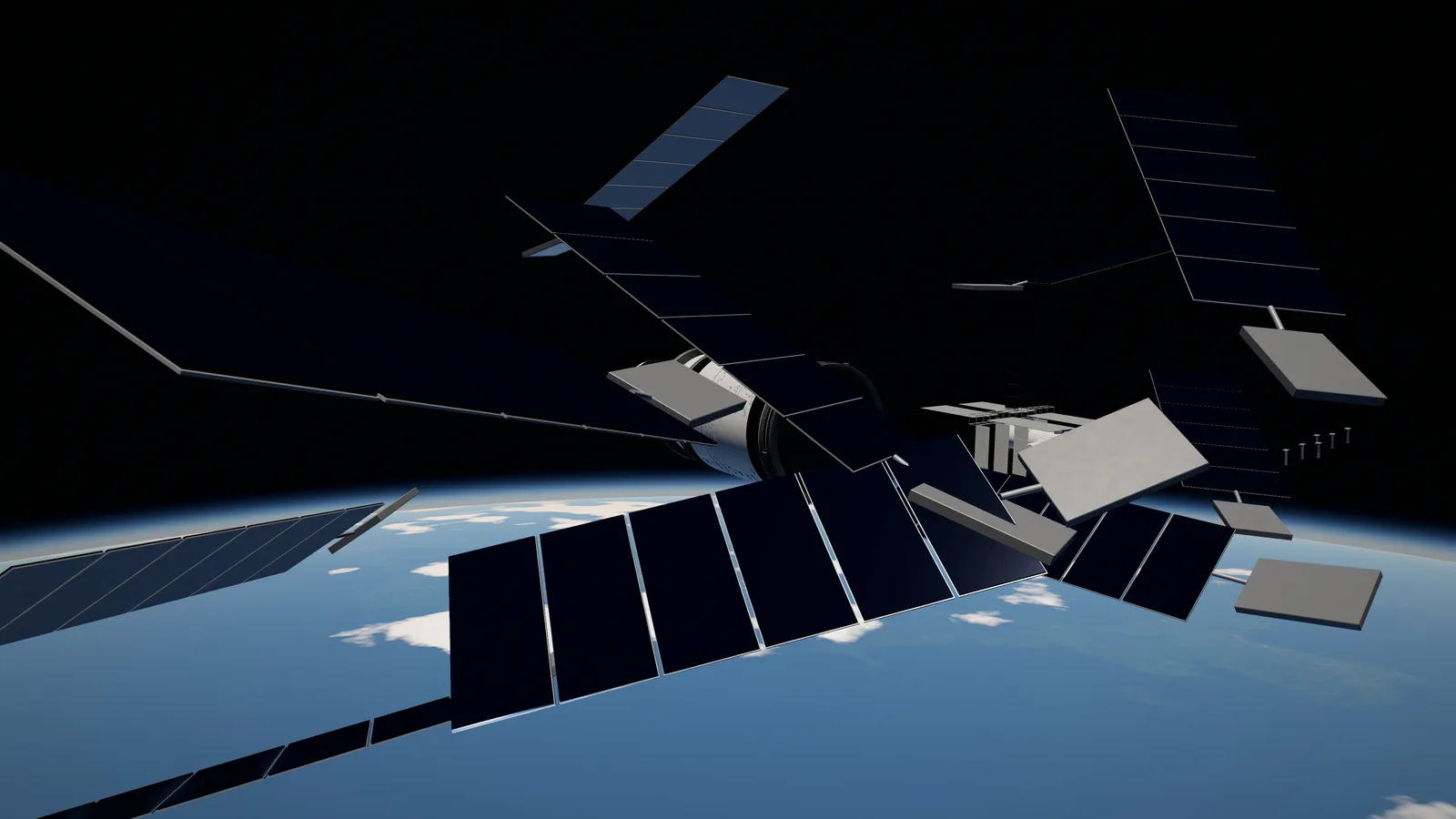 An orbital station above Earth, with its modules and solar arrays visible.