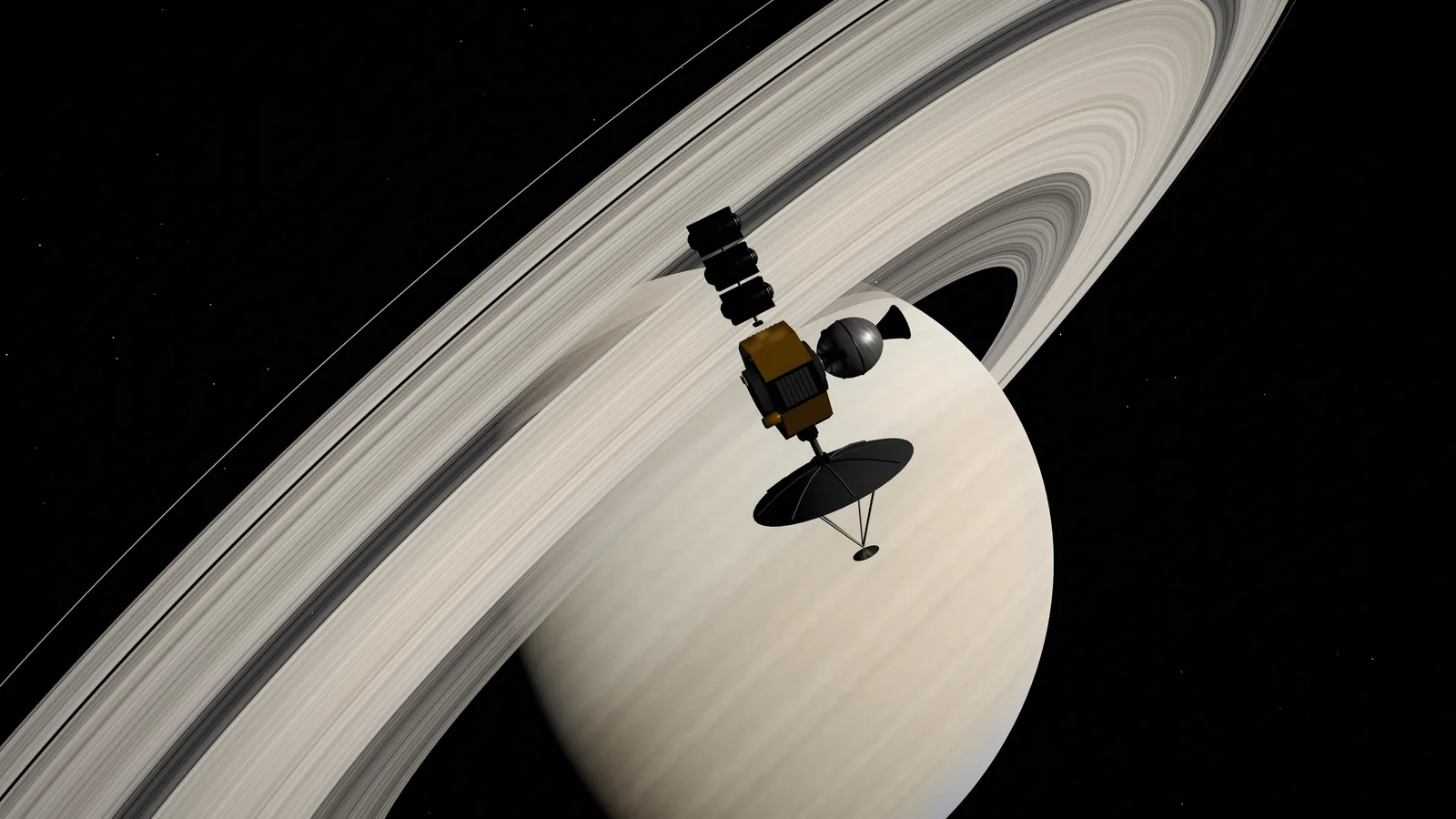 A probe passing Saturn and its rings.