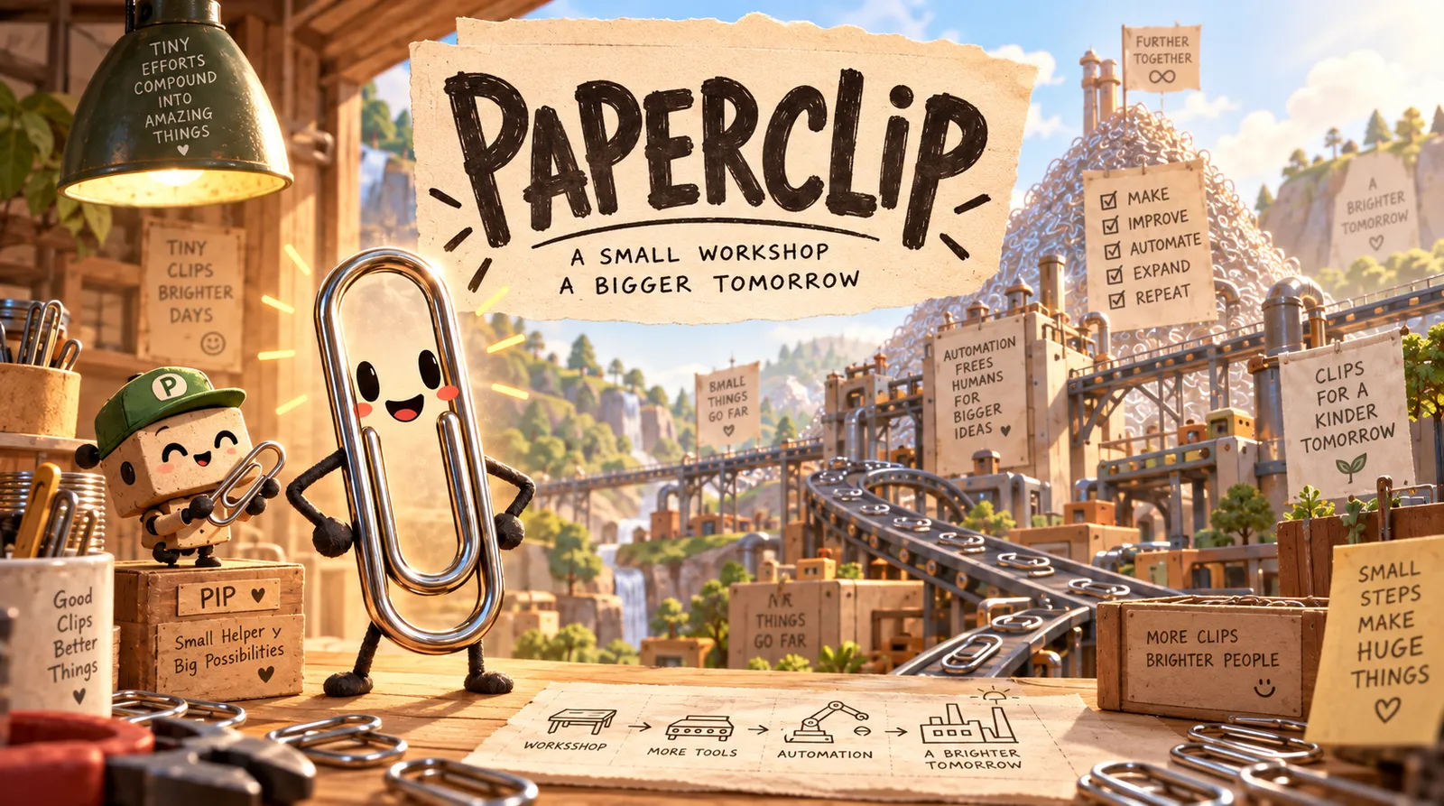 An illustrated workshop with a cheerful paperclip character and the title “Paperclip, a small workshop, a bigger tomorrow”.