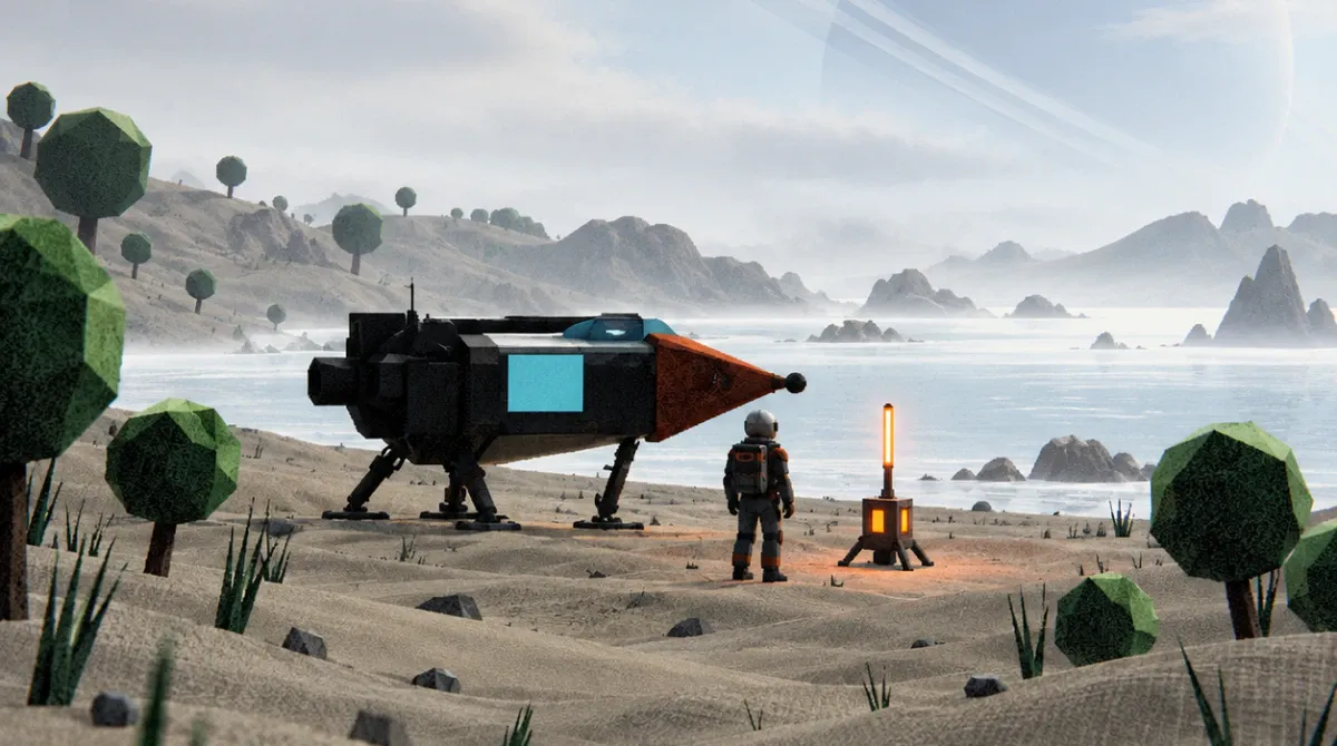 A low-poly lander parked on a misty alien beach, an astronaut walking toward a glowing beacon.