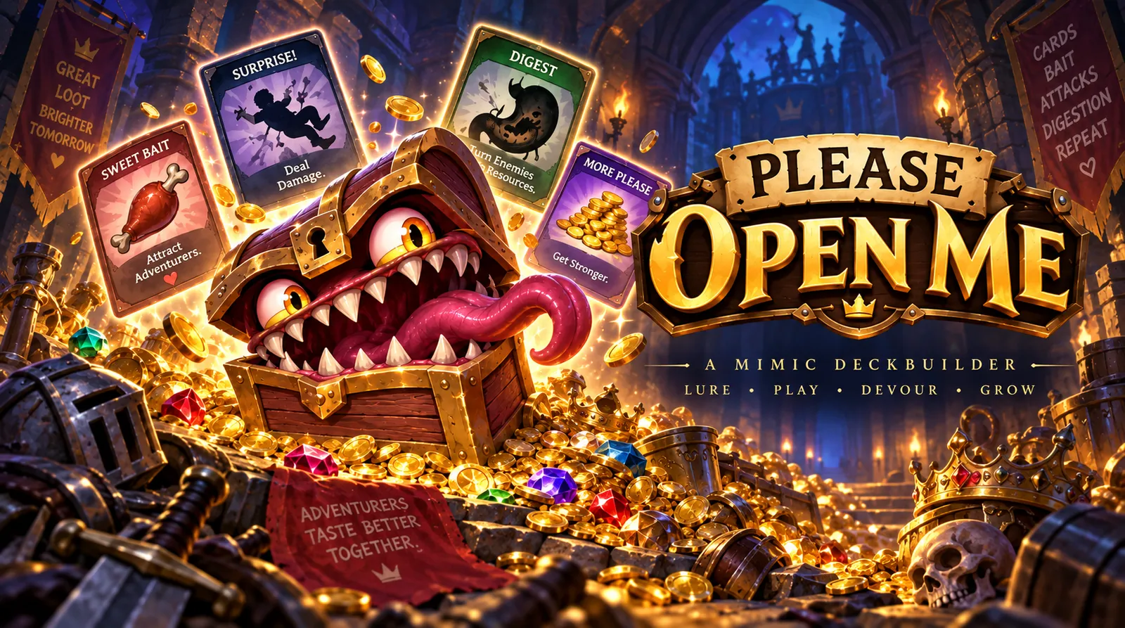 A grinning treasure-chest mimic surrounded by gold and cards, under the title “Please Open Me”.
