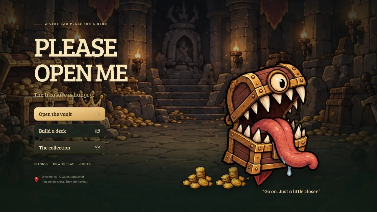 The title screen: a mimic chest sticking its tongue out in a dungeon.