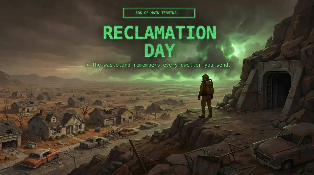 A hazmat-suited Vault dweller stands on a ridge overlooking a derelict town under green storm clouds, the entrance to an underground bunker carved into the rock beside them.