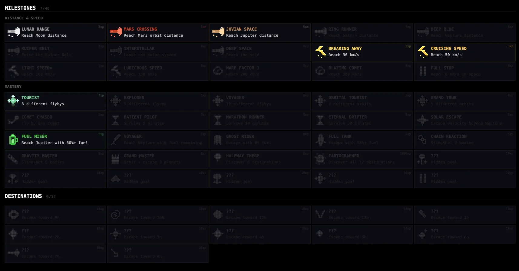 The in-game LOGBOOK with the MILESTONES section (7 of 40 unlocked). DISTANCE & SPEED achievements: Mars Crossing unlocked in orange, Jovian Space in yellow, Breaking Away and Cruising Speed also unlocked. MASTERY section: Tourist (3 different flybys) and Fuel Miser (reach Jupiter with 50%+ fuel) unlocked in green. Destinations section below with 0/12 discovered.