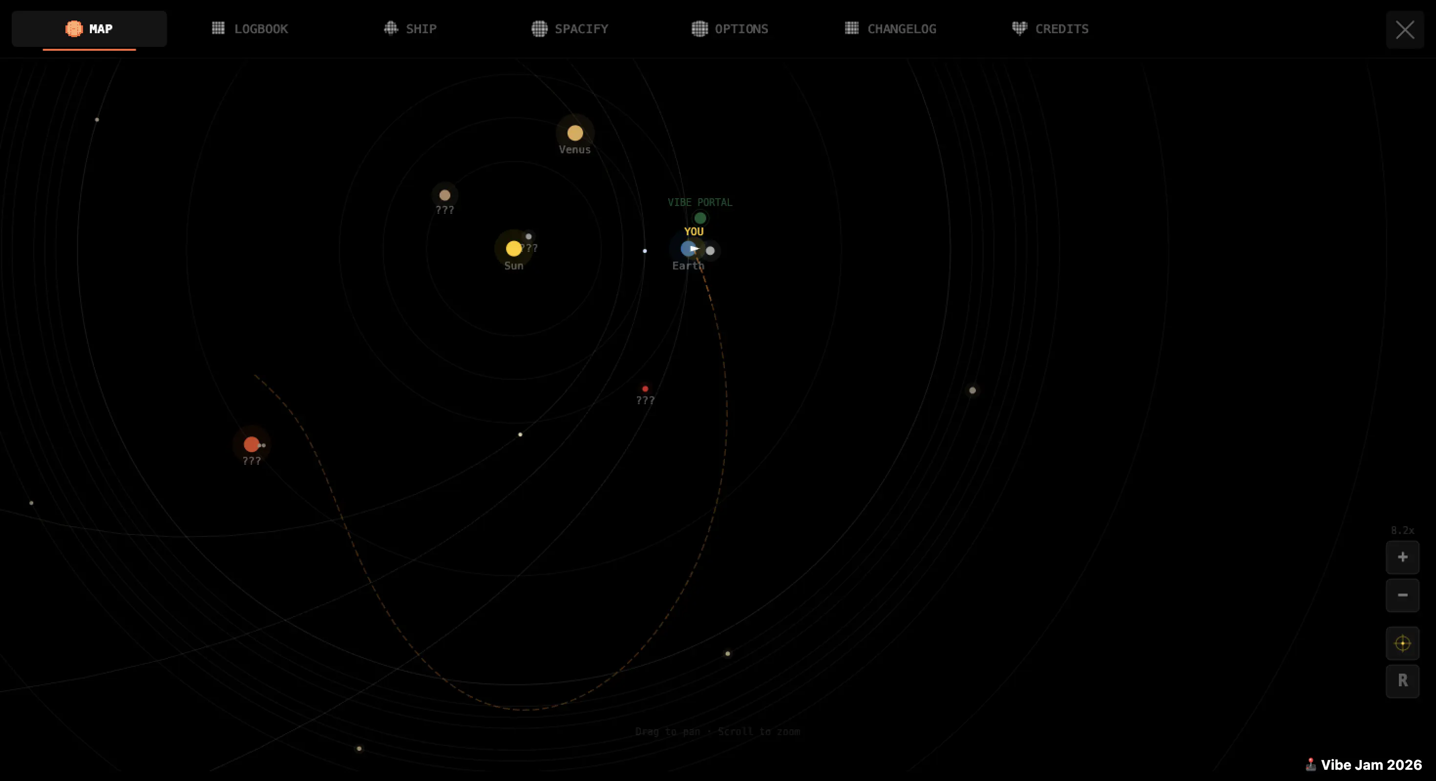 The in-game solar system map at 8.2x zoom. The YOU marker sits near Earth with a green VIBE PORTAL just above it. The Sun and Venus are labeled; Mercury, Mars and a few outer bodies are still hidden as ???. A dashed orange line traces the ship's projected trajectory looping out and back through the inner system.