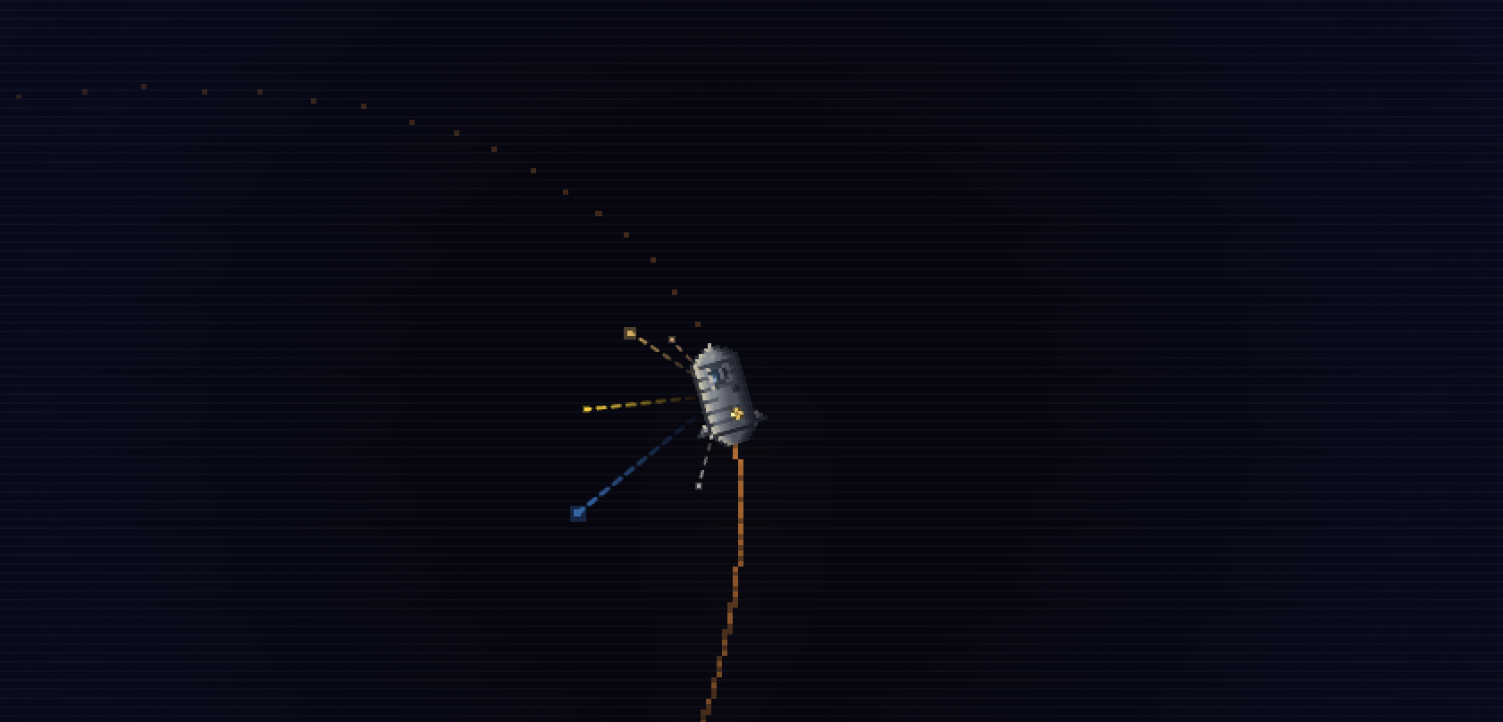 Plan mode close-up: small colored arrows radiate from the ship toward each significant gravity source. Each arrow is in the body's color, length scaled by gravitational pull. The longest arrows point toward the planets currently bending the ship's trajectory.
