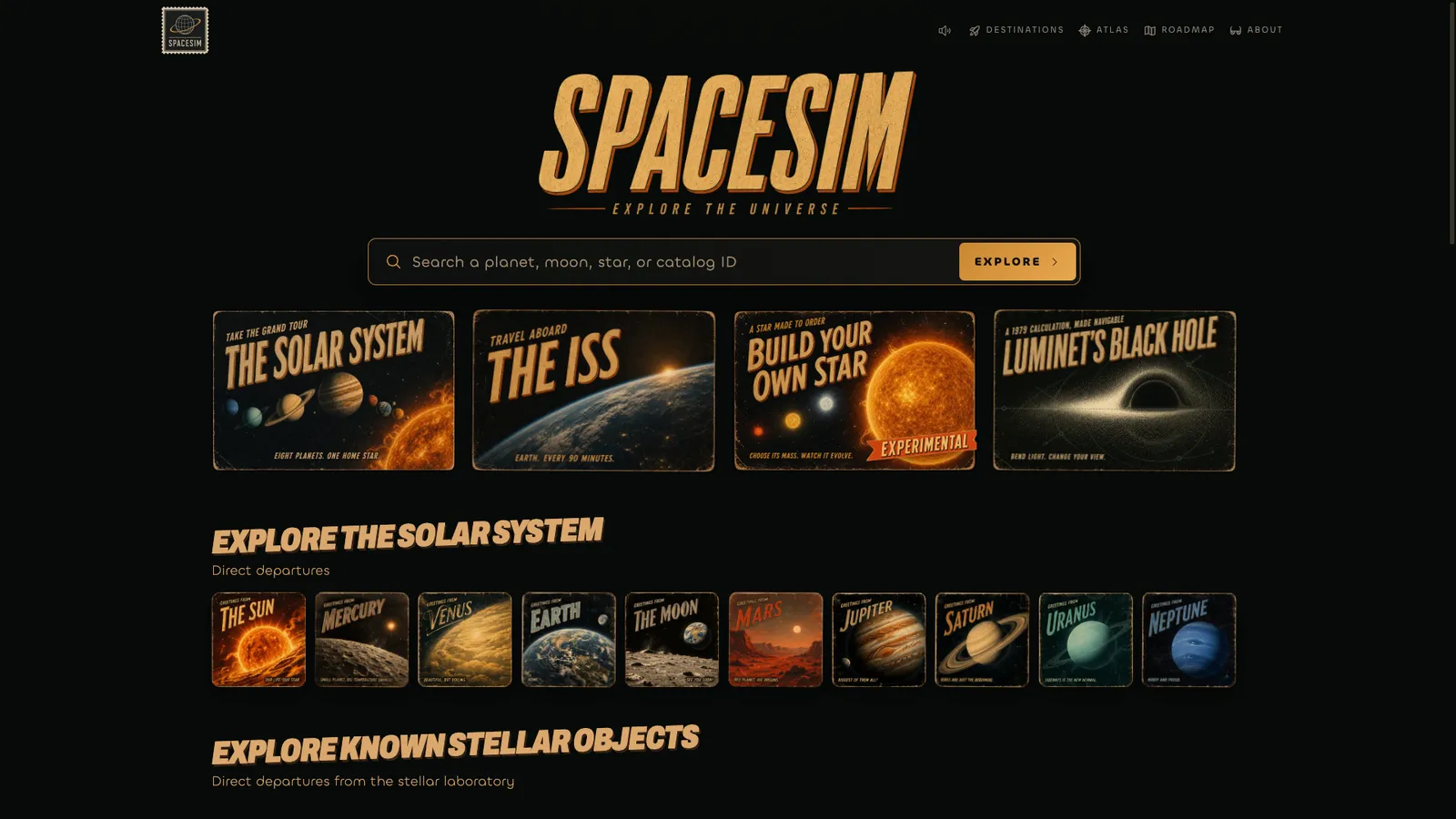 The SpaceSim home: Solar System, ISS, star lab and black hole journeys.