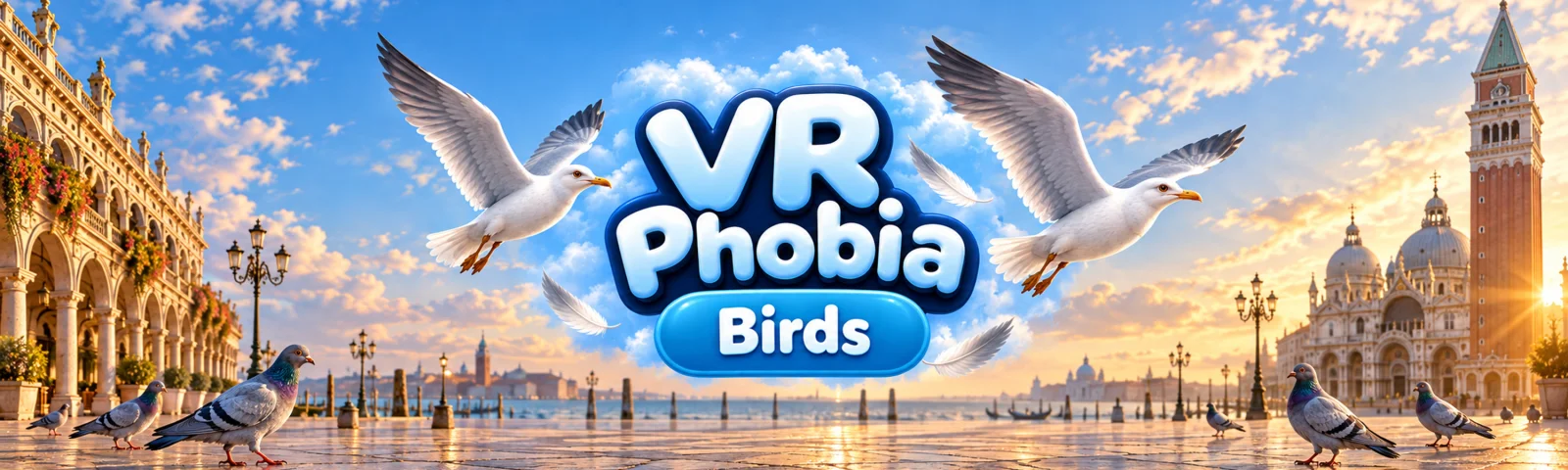 VR Phobia: Birds promotional banner with its logo and birds in a Venetian square