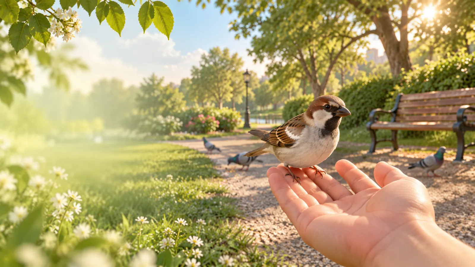 Promotional illustration: a sparrow resting on an open hand in a sunny park.