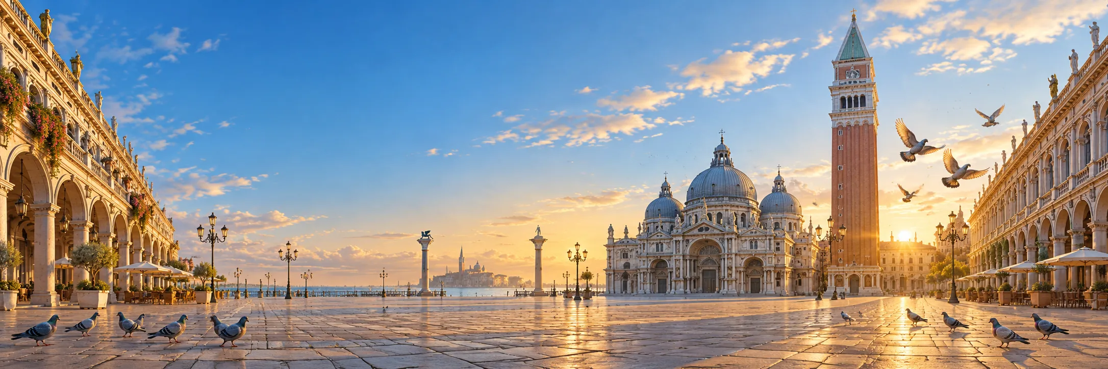 Promotional illustration, not gameplay: pigeons in a Venetian-style square at golden hour.