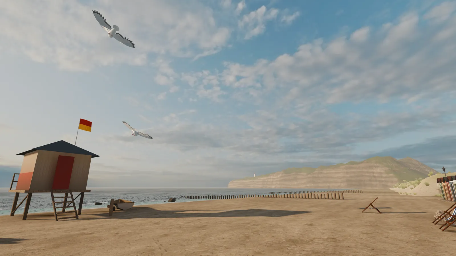 Gulls circling above a beach with a lifeguard hut.
