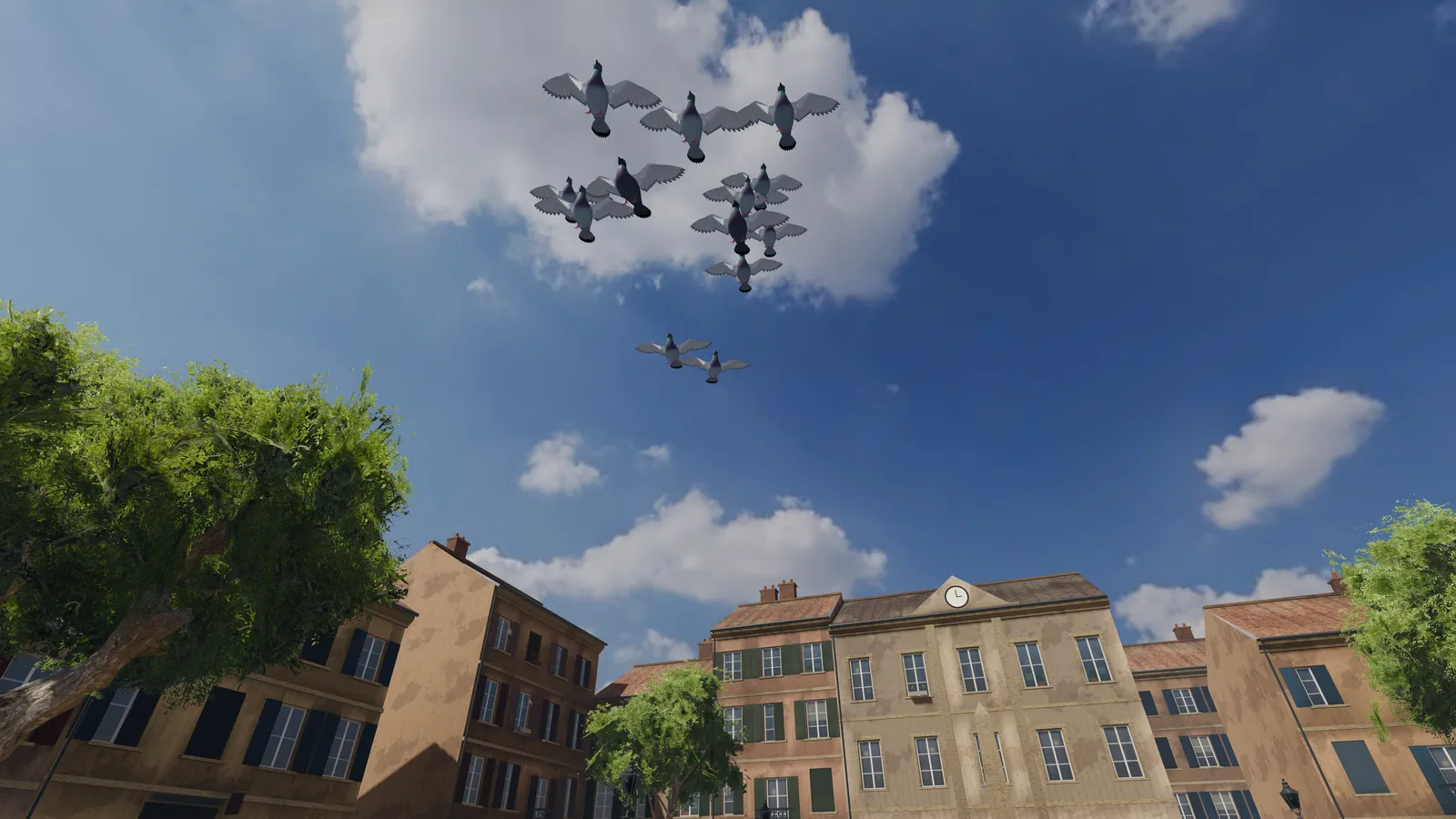 A flock of pigeons flying overhead in a small town square.