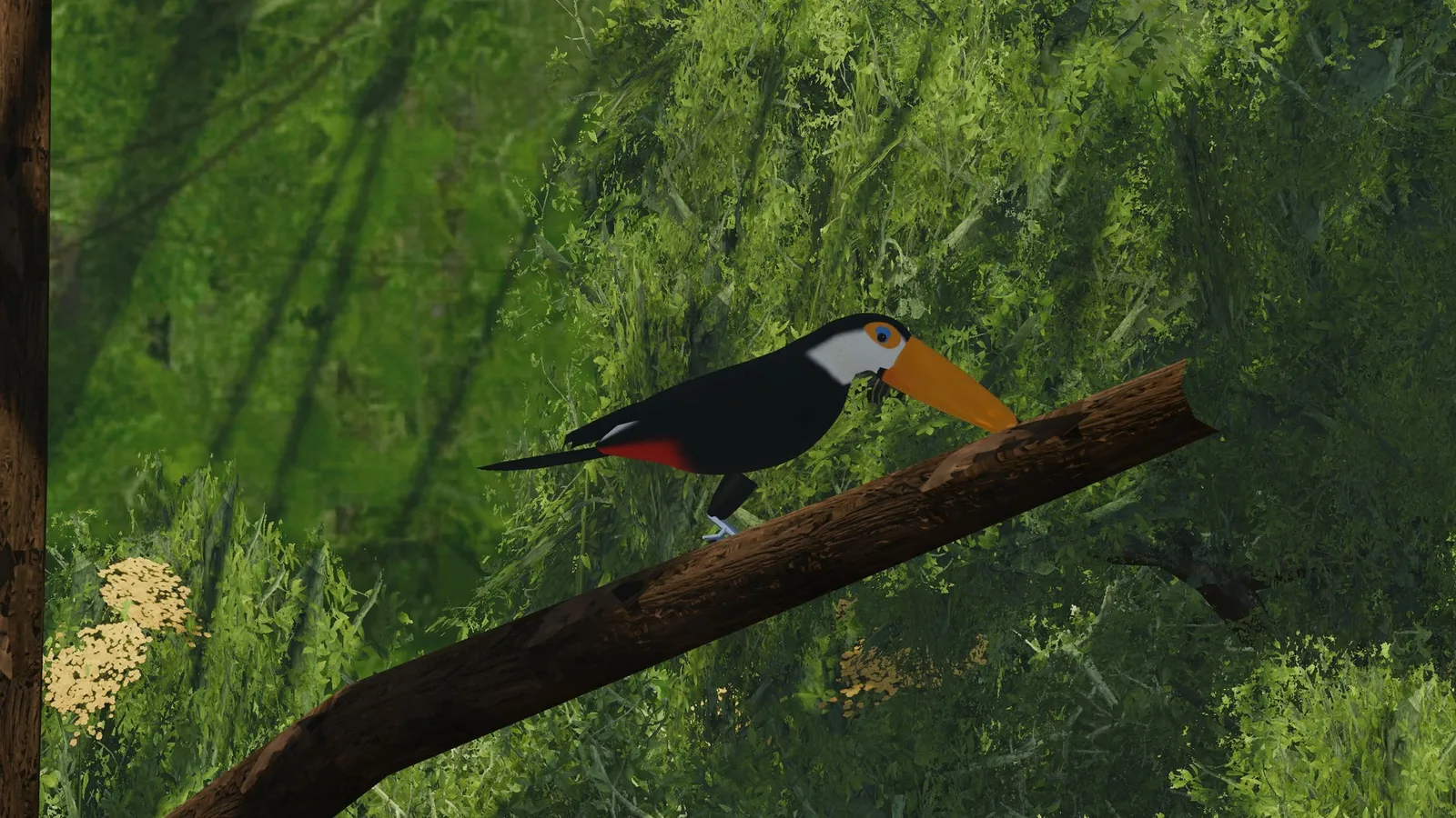 A toucan on a branch inside the glasshouse aviary.