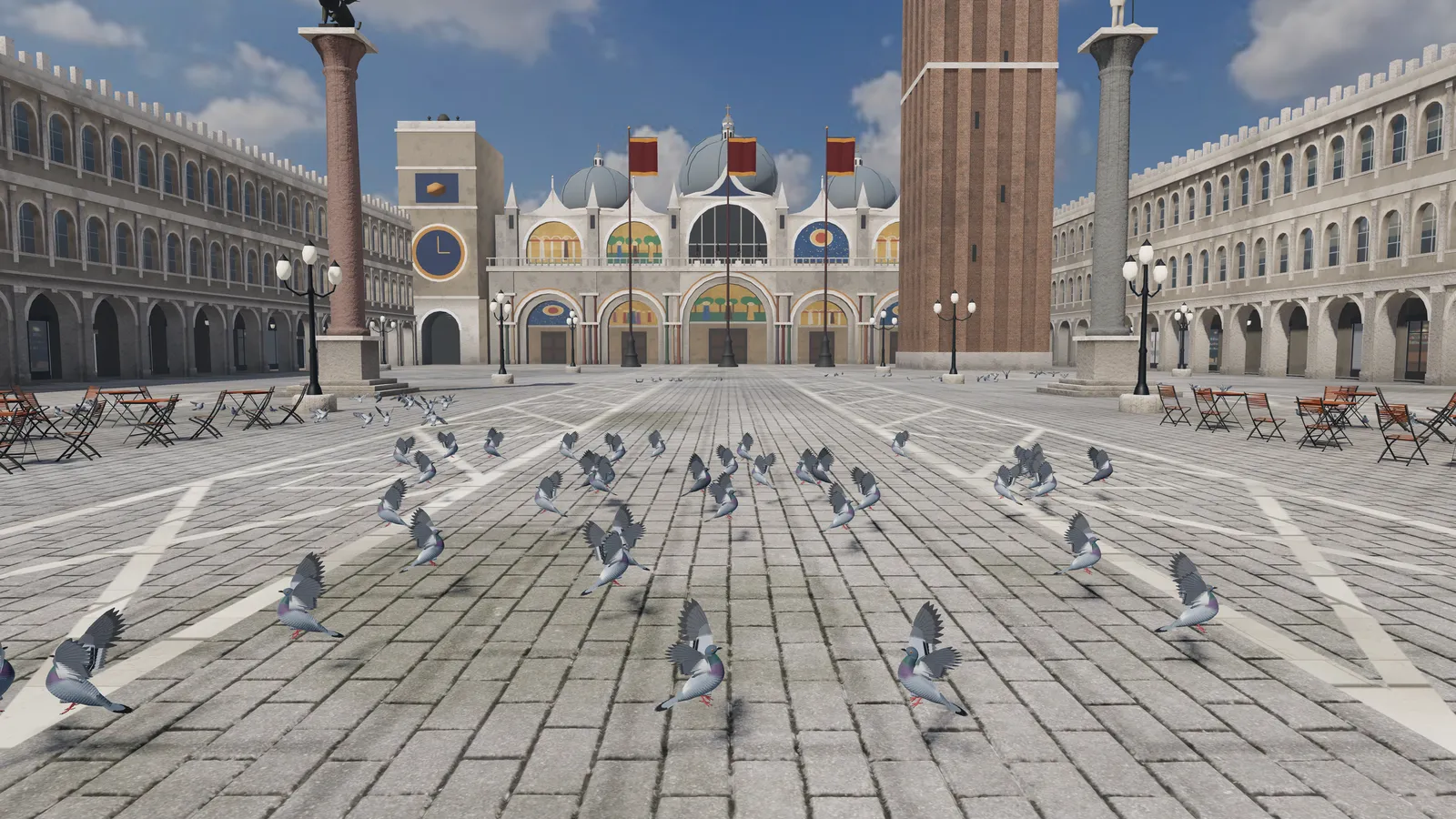 Pigeons lifting off across the great Venetian-style square.