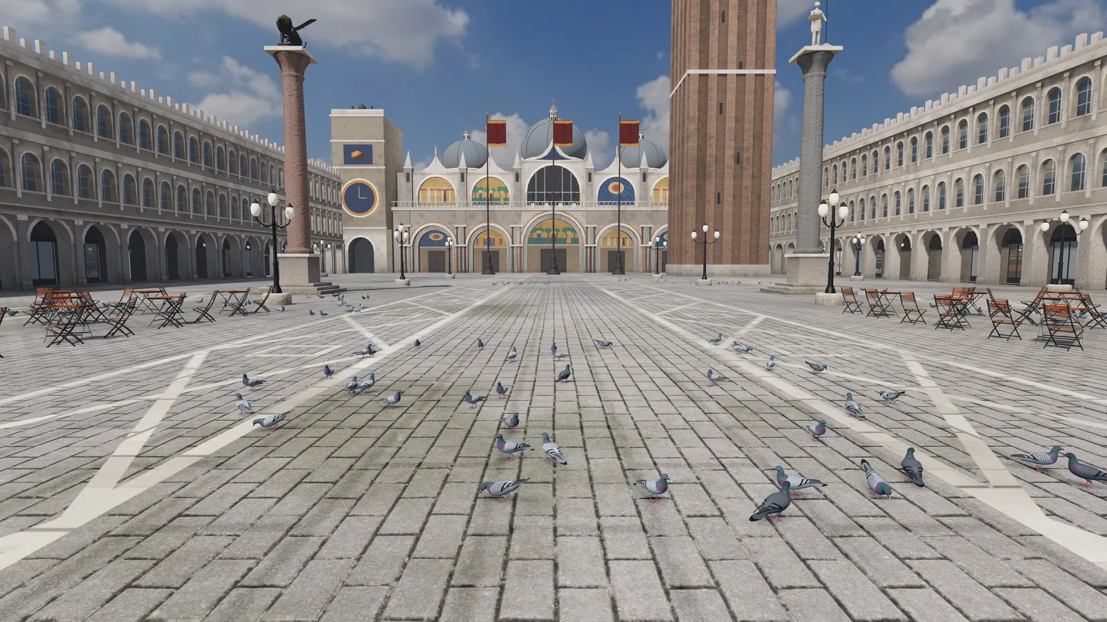 Pigeons across a great square with a bell tower and arcades.