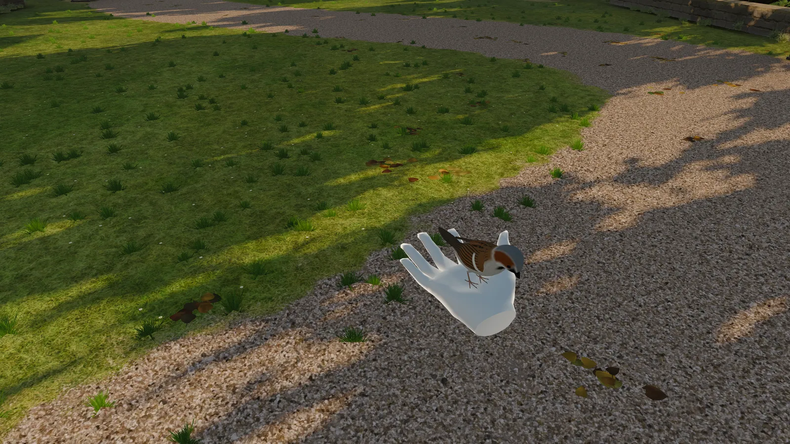 In VR, a sparrow rests on the player’s open hand on a park path.