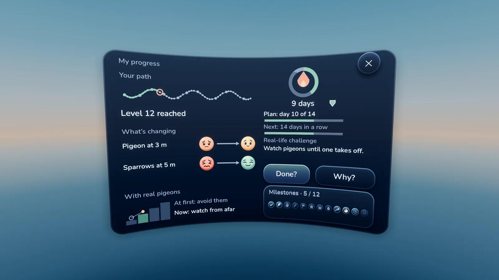 The My progress panel with feelings, milestones and a practice plan.