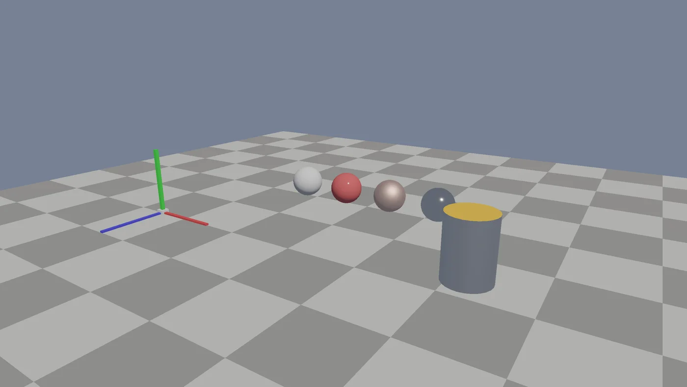 A real SimEngine Vulkan capture of the SCN-001 scene with PBR spheres and world axes